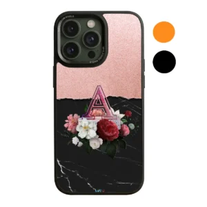 Θήκη Κινητού με Ελληνικό Γράμμα Σ και Λουλούδια – Ροζ Χρυσό & Μαύρο Μάρμαρο